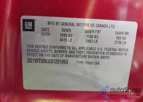 2008 Chevrolet Impala Lt from USA, damaged, VIN 2G1WT58KX81291863